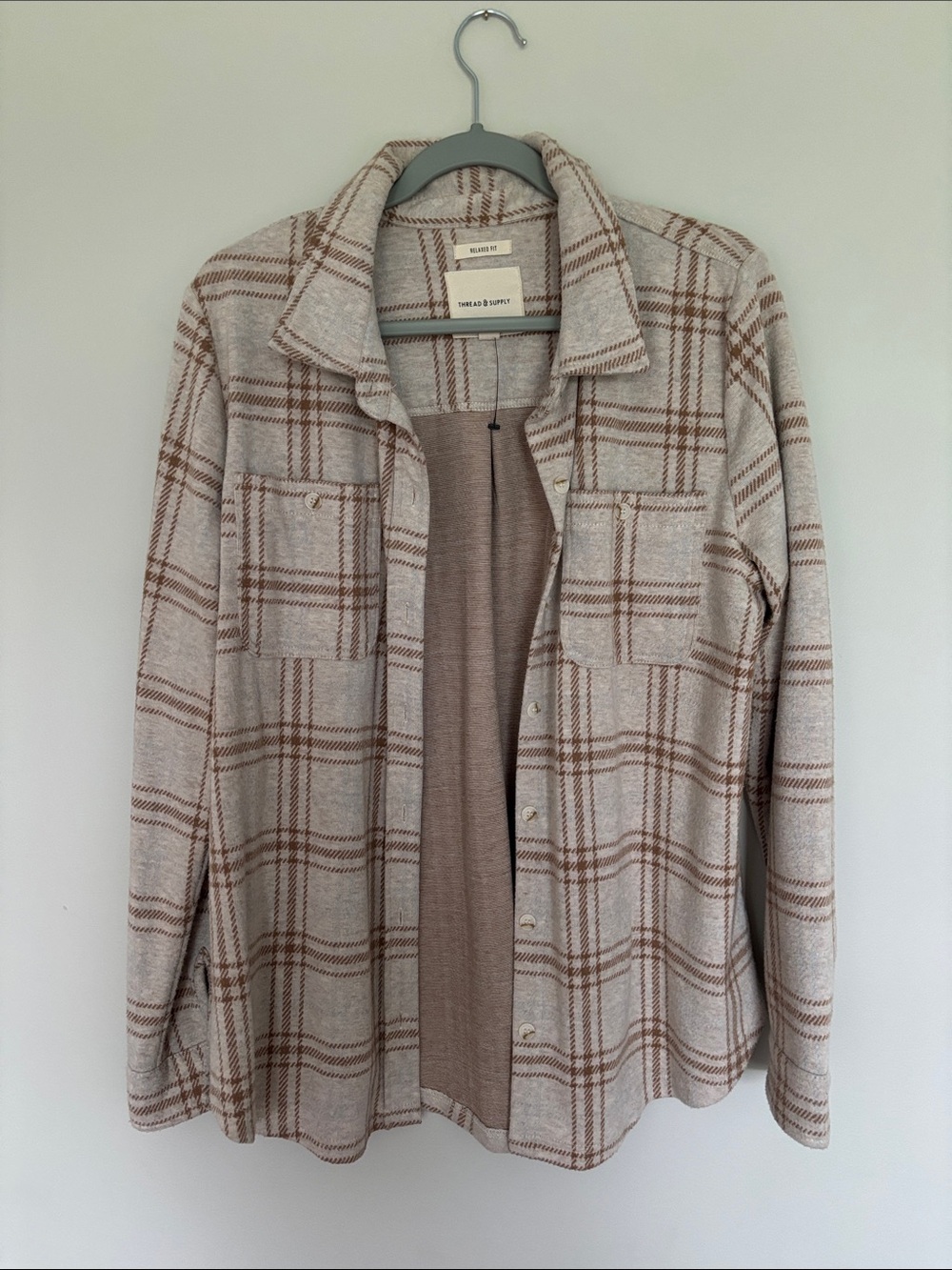 Thread & Supply Plaid Utility Shacket in Beige and Brown
